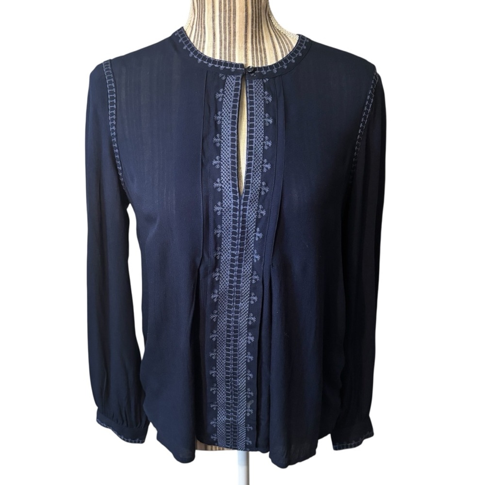 Lucky Brand Top Small Navy Blue Blouse with Embroidered Details Viscose Boho